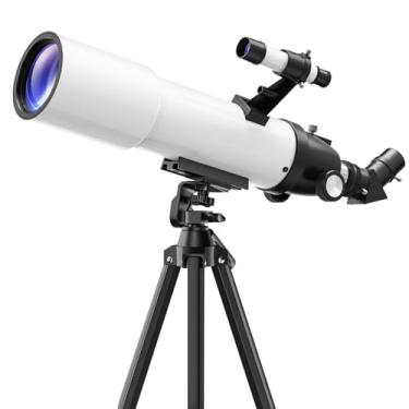 Imagem de Telescópio para adultos e crianças de alta potência: 90 mm astronômico portátil refratante FMC iniciantes explorador mira para crianças 8-12 viagens lua planeta estrelas olhando com tripé profissional