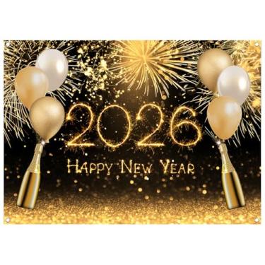 Imagem de WOLADA Fundo fotográfico de feliz ano novo 2026 balões dourados de fogos de artifício champanhe com glitter para decoração de cabine de fotos de festa de ano novo 118,11 x 82,68 polegadas 12389