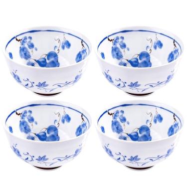 Imagem de Tigelas de arroz de cerâmica estilo japonês, 11 cm, padrão floral azul e branco, conjunto de 4