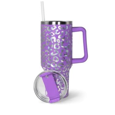 Imagem de Copo Térmico Grande 1200L de Aço Inoxidável com Alça, Parede Dupla, Tampa com Canudo, Isolamento quente e Frio (Lilas)(Com espaco para gravar nome na parte de Traz)