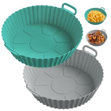 Imagem de ME.FAN Forros de silicone para fritadeira Air Fryer para 4 a 7 QT [pacote com 2] Cesta reutilizável para fritadeira a ar com alças e furos, cinza claro + azul-petróleo