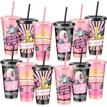 Imagem de Uiifan 24 copos de noite de cinema copo reutilizável de 680 g com tampa e canudo decorações de festa de cinema lembrancinhas de festa de aniversário (rosa, preto)