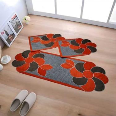 Imagem de Passadeira，Kit de Jogo de Tapete de Cozinha Antiderrapante, Tapete com Padrão Tecido com 3 Peças，Suave Ao Toque(# 02Cinza Flôr Marrom Laranja)