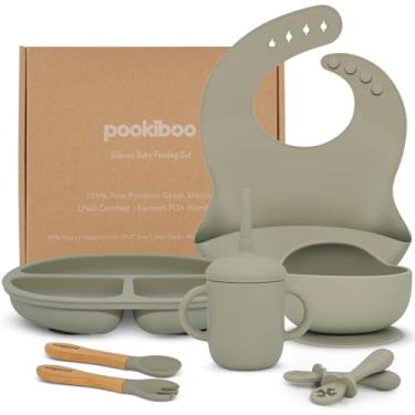 Imagem de Conjunto de alimentação de silicone para bebês - 100% puro LFGB de silicone premium - conjunto de alimentação de 8 peças: babador, copo de palha, placa de sucção e tigela, garfo e colher, colheres de