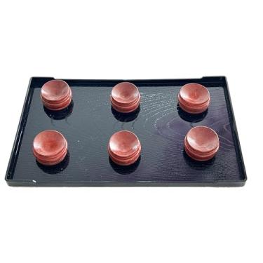 Imagem de Bandeja grande preta de madeira com 6 bases redondas de madeira para geods, fósseis, esferas de rocha, cristais e suporte de exibição de pedras curativas