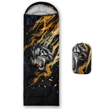 Imagem de QOOMO Sacos de dormir à prova d'água de tigre de desenho animado para adultos e crianças, sacos de dormir impressos para acampamento, viagens e ao ar livre, equipamento de acampamento, 78,7 x 228,6 cm