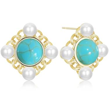 Imagem de unixmoment Brincos boêmios vintage turquesa geometria quadrados pequenos brincos retângulo pérola étnica para mulheres, Small, Metal, Sem pedra preciosa