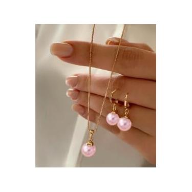 Imagem de Conjunto de colar e brinco de pérola dourada para mulheres - Conjuntos de joias de casamento para noiva, Meduim, Latão, Sem Pedra Preciosa