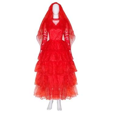Imagem de Yolata Red Gothic Wedding Bride Costume Adult Women Red Bride Wedding Dress with Veil (red, XXL)