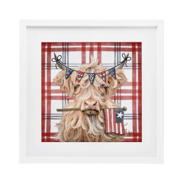 Imagem de Stupell Industries Impressão emoldurada branca Highland Cattle dos EUA xadrez sob vidro, design por Ashley Bradley, 13 x 13