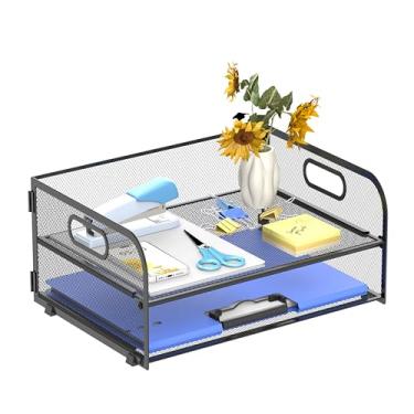 Imagem de SUPEASY Bandeja organizadora de papel de 2 camadas para mesa, organizador de papel de mesa de malha com alça para casa, escritório, material de sala de aula, preto