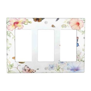 Imagem de BHGAHD Capas de tomada decorativas com prado floral fresco rústico com design de borboletas placa de parede de 3 gangues capa de interruptor de luz tripla capa de interruptor GFCI placa frontal para