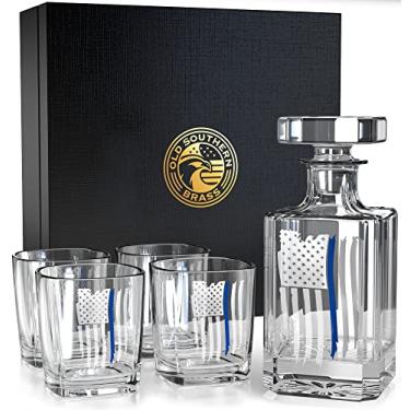 Imagem de Thin Blue Line Police Decanter American Flag Decanter Conjunto de Presente de Copo de Uísque - Conjunto de 5 Peças - Caixa de Presente Premium - Copos Feitos nos EUA