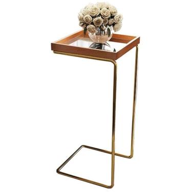 Imagem de Mesa de Apoio p/ Sofá Bandeja Espelhada Base Dourada