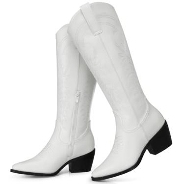 Imagem de TEMOFON Botas de cowboy para mulheres: Botas de cano alto, bico fino, salto grosso, panturrilha larga com zíper lateral, outono inverno, 18 - Branco, 37