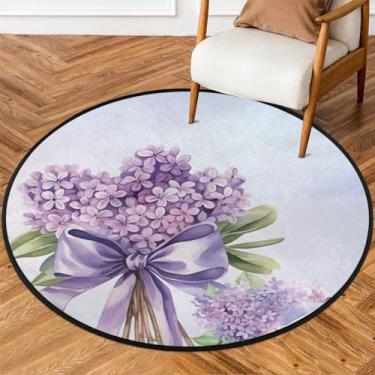 Imagem de Tapete redondo de 1,8 m roxo bonito flor macia tapete de área antiderrapante lavável tapete circular para interior quarto berçário sala de estar cozinha banheiro entrada casa tapete decoração