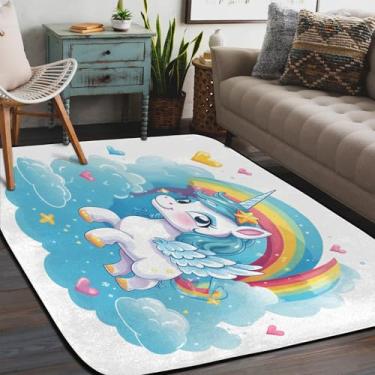 Imagem de Tapete de área para sala de estar, lavável à máquina, animal fofo, arco-íris, unicórnio, tapete antiderrapante, tapete macio para sala de estar, quarto, sala de jantar, berçário, cozinha, decoração de