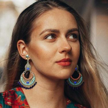 Imagem de Brincos femininos indianos do Oriente Médio tribal vintage lua crescente pedra azul Jhumki Jhumka Banjara Kuchi dança do ventre brincos oxidados ciganos, One size, Liga de aço, Sem pedra preciosa