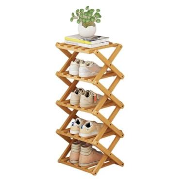 Imagem de SPXMQSS Sapateira dobrável de bambu, sapateiras portáteis de madeira, armário de sapatos de pé livre, prateleira de armazenamento multifuncional para entrada no quarto, sem instalação, marrom, 5