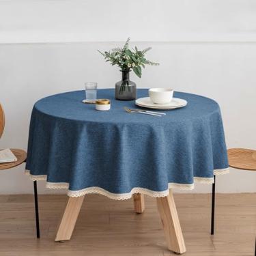 Imagem de Wuluwala Toalha de mesa redonda de tecido de cor sólida de 140 cm, toalha de mesa de linho de algodão com acabamento em renda, resistente a manchas, capa de mesa de jantar à prova d'água para cozinha