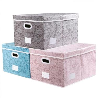 Imagem de PRANDOM Cubos de armazenamento jumbo dobráveis com tampas caixas de armazenamento decorativas de tecido, cestas organizadoras com alças de cobertura para armário de quarto, sala de estar 59 x 40 x 39