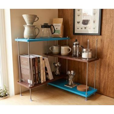 Imagem de VINIUSIKI Organizador de prateleira de bancada em forma de L com 4 níveis de altura, suporte de especiarias de cozinha para bancada, organizador de prateleira de balcão de café de madeira para casa