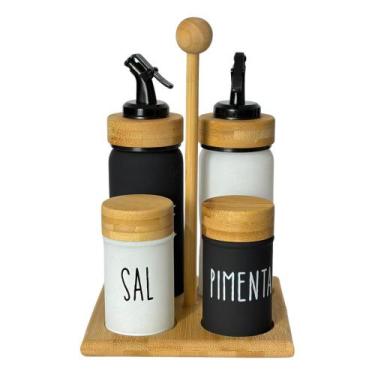 Imagem de Galheteiro Doha 5 Peças  Vidro Premium e Suporte de Bambu Sustentável 