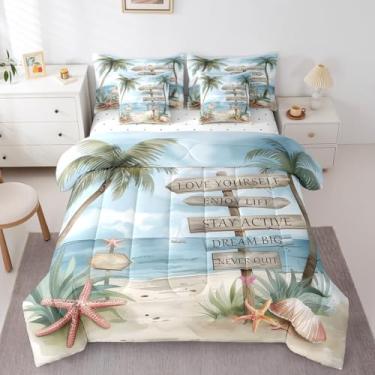 Imagem de Erosebridal Conjunto de edredom de praia tropical com estampa de coqueiro, 7 peças, solteiro, nuvens, estrela-do-mar, veleiro, gaivota, conjunto de cama com fronha e capa reversível, para decoração de