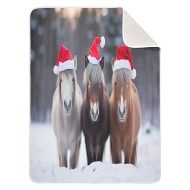 Imagem de Wassud Cobertor de bebê com três cavalos em miniatura com chapéus de Papai Noel, para meninos e meninas, macio e infantil, cobertor aconchegante de algodão essencial para berçário, viagem, berço