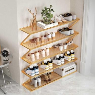 Imagem de Sapateira de pé livre, prateleiras estreitas de 5 camadas, prateleiras espaçosas de armazenamento de sapatos de malha forte para montagem no chão - para corredor de entrada e sala de estar (ouro - 100