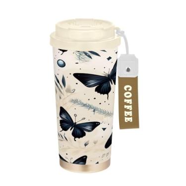 Imagem de YETTASBIN Caneca de café Butterfly com isolamento térmico de 482 g com tampa canudo, copo à prova de derramamento e vazamento com alça para bebida quente e fria, garrafa de água de aço inoxidável