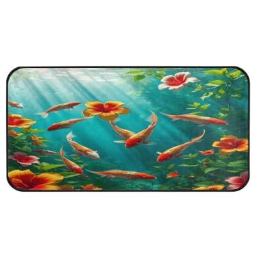 Imagem de Burbuja Tapete de cozinha de hibisco de natação de peixe 51 x 99 cm, tapete antiderrapante lavável com suporte de borracha, tapete para cozinha, sala de estar, banheiro, decoração de casa