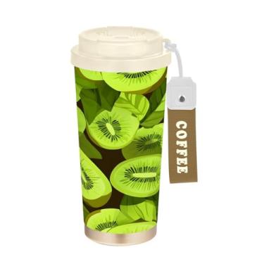 Imagem de YETTASBIN Caneca de café Kiwi Fruit com isolamento térmico de 482 g com tampa canudo, copo à prova de derramamento e vazamento com alça para bebida quente e fria, garrafa de água de aço inoxidável