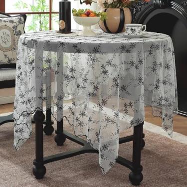 Imagem de Huierxun Toalha de mesa de renda branca 135 x 135 polegadas vintage floral preta bordada toalha de mesa quadrada rústica boho chique casamento capa de mesa de chuveiro nupcial sobreposição (preto C
