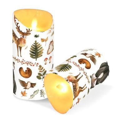 Imagem de Blueangle Pacote com 2 velas fofas de animais da floresta sem chama com controle remoto e temporizador, velas LED cintilantes (7,6 cm x 15 cm) para decoração de casa, casamento, acampamento (123)
