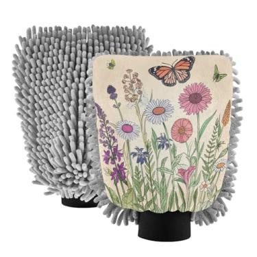 Imagem de STAYTOP Lindas luvas de lavagem de carro com flores e borboletas, 2 peças, luvas de microfibra de chenille, sem arranhões, panos de esponja de lavagem ultra absorventes para carros, limpeza doméstica