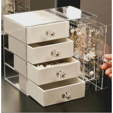 Imagem de Amarme - Porta Joias em Acrílico com 4 Gavetas Transparente, Organizador/Expositor de Bijuterias com Divisórias para Anéis, Brincos, Colares e Pulseiras (Off-White)