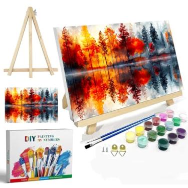 Imagem de igoodom Kit de pintura por números para adultos com moldura e cavalete, pintura acrílica DIY de 30 x 20 cm em tela com caixa, conjunto de pintura de paisagem por números para decoração de parede de