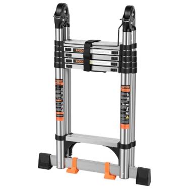 Imagem de Escada telescópica Moldura de 16,5 m, extensão multiuso com barra de equilíbrio resistente, capacidade máxima de 150 kg para trabalho doméstico e ao ar livre, prata