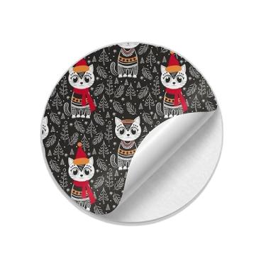 Imagem de Kit 25 Adesivos Redondos Natalinos Gato Em Chapéu Com Fundo De Árvores - Tamanho 50x50cm