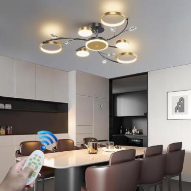 Imagem de Luminária de teto moderna com cristais LED, em estilo nórdico, com detalhes em ferro preto e dourado e formato de flor, controlada por controle remoto. Ideal para sala de estar, quarto, escr