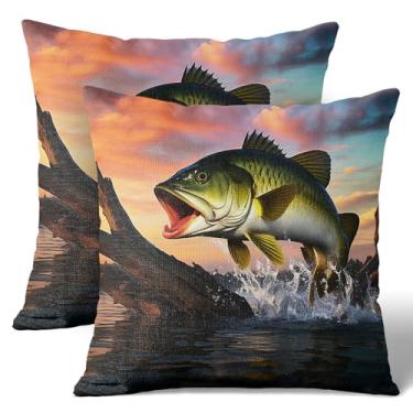 Imagem de Wknoon Conjunto de capas de travesseiro de linho 45,7 x 45,7 cm (pacote com 2) - Cena de lago de pesca de peixe de boca grande ao pôr do sol, capa de almofada de sofá premium com zíper oculto