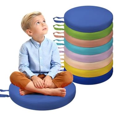 Imagem de THMINS Pacote com 8 almofadas de chão infantis, 38 cm redondas com alças - Assento flexível de espuma de 6 cm de espessura para creche, pré-escola, sala de aula e sala de jogos - Almofadas macias de