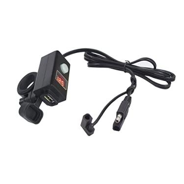 Imagem de Carregador de cabo SAE para USB de motocicleta preto inteligente à prova d'água de 42 polegadas com visor de voltímetro LED vermelho oculto braçadeira adaptadora