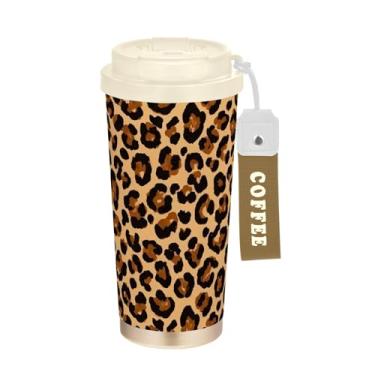 Imagem de Caneca de viagem de café 40 ml com canudo e tampa, copos de parede dupla isolados a vácuo com revestimento cerâmico, manchas clássicas de leopardo marrom preto caramelo