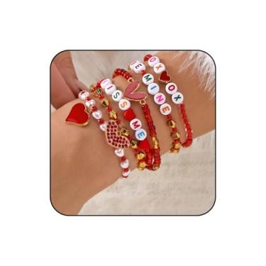 Imagem de WCRAZYE Pulseiras de coração de dia dos namorados para mulheres, feitas à mão, boêmia, multicamadas, coração, empilháveis, amizade, presentes de festa de aniversário, Adjustable, Metal Metal Liga