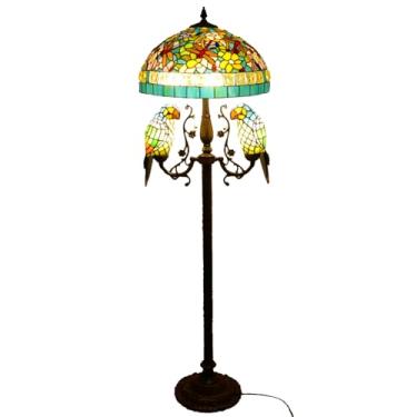 Imagem de Luminária de chão vintage com papagaios, vitral, luminária de canto, 45,7 x 45,7 x 165 cm, estilo Tiffany, para decoração de quarto, cabeceira, com rosas, uvas, libélulas e flores, luz de le