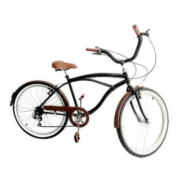 Imagem de Bicicleta Masculina Aro 26 Estilo Retrô 6v Preta C/Marrom