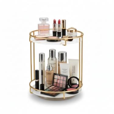Imagem de MLVOC Bancada organizadora de maquiagem giratória de 360°, organizador dourado de 2 camadas com prateleiras de vidro, estojo de exibição de cosméticos giratório para banheiro e quarto, armazenamento