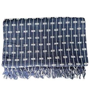 Imagem de Manta Tijolinho 100% Algodão 2,2x1,5m - Conjunto Decorativo para Cama e Sofá, Macia, Lavável e Multiuso(Azul com Cru)